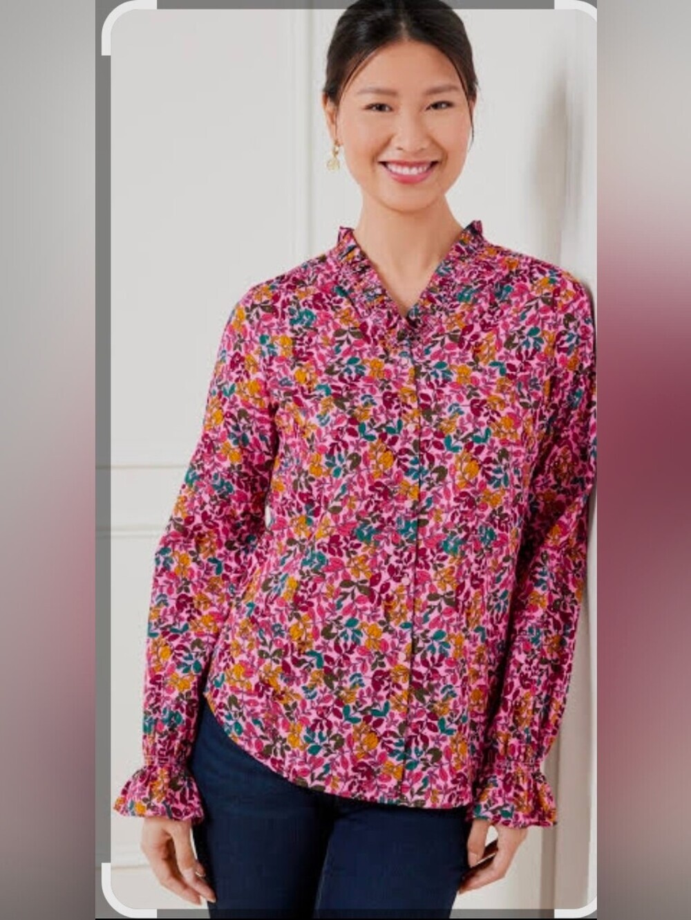 Talbots Pink Floral Ruffled V-Neck Button Blouse - Picture 1 of 3
